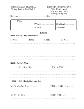 Kiêm tra cuối học kỳ II môn Toán - Lớp 3 - Năm hoc 2013 - 2014 - Trương tiêu hoc Binh Minh B